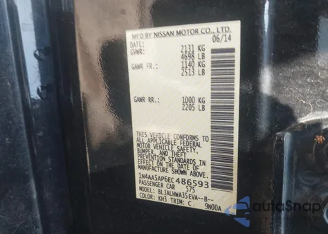 2014 Nissan Maxima 3.5 Sv из США, поврежденный, VIN 1N4AA5AP6EC486593